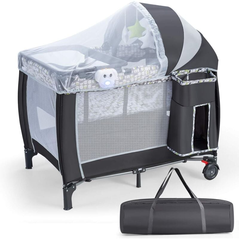 Costway - 3 in 1 klappbares Reisebett & Wickeltisch & Laufstall mit abnehmbarem und verstellbarem Moskitonetz, inkl. Spieluhr, Spielbogen,
