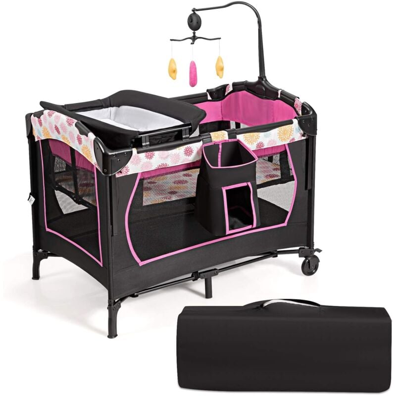 Costway - 3 in 1 klappbares Reisebett & Wickeltisch & Laufstall rollbar, 2 Ebenen Babybett inkl. Spielbogen mit 3 Spielzeugen, Matratze,