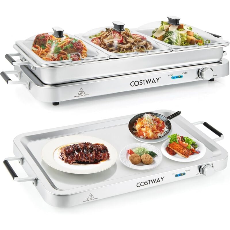 Costway - 3 in 1 Warmhalteplatte elektrisch, 9L Speisewärmer, Wärmebehälter mit Temperaturregler bis 150℃, 450W Buffetwärmer Edelstahl Chafing Dish