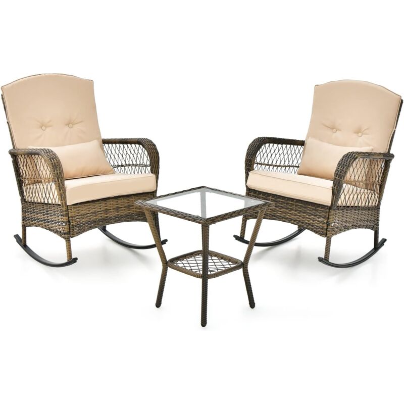 3-teiliges Gartenmöbel Set, Balkonmöbel mit Kissen, Balkonset mit 2 PE-Rattan-Schaukelstühle und Tisch, Sitzgruppe Terrassenmöbel für Balkon, Garten,