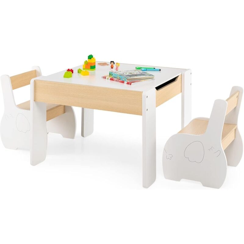 Costway - 3tlg. Kindersitzgruppe aus Holz, 4-in-1-Kindertisch mit 2 Stühlen & Abnehmbarer Tafel, Kindermöbel-Set mit Stauraum für Spielzimmer,