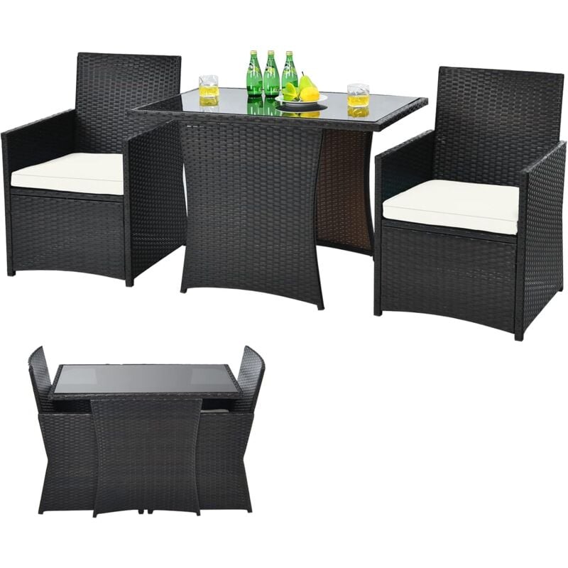 3tlg. Polyrattan Gartenmöbel Set, 2 Sessel und 1 Beistelltisch mit Glasplatte, Rattanmöbel Platzsparend, Gartenlounge Gartengarnitur Sitzgruppe,