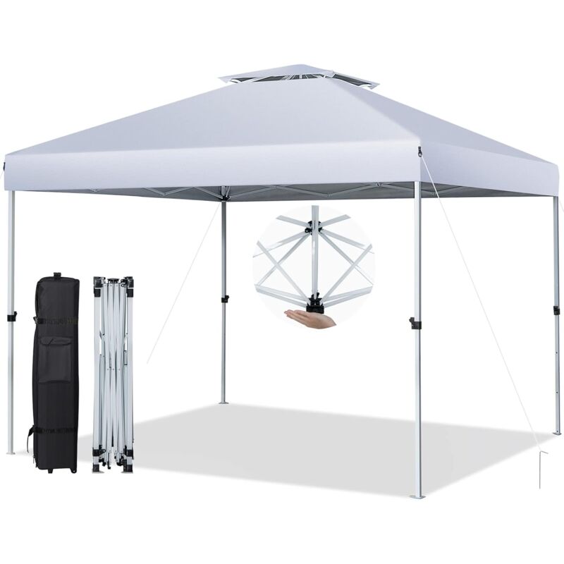 3x3m Pop-Up Pavillon höhenverstellbar, UV-Schutz 50+, Gartenpavillon mit doppelt belüftetem Dach & Tragetasche auf Rollen, Faltpavillon, Gartenzelt