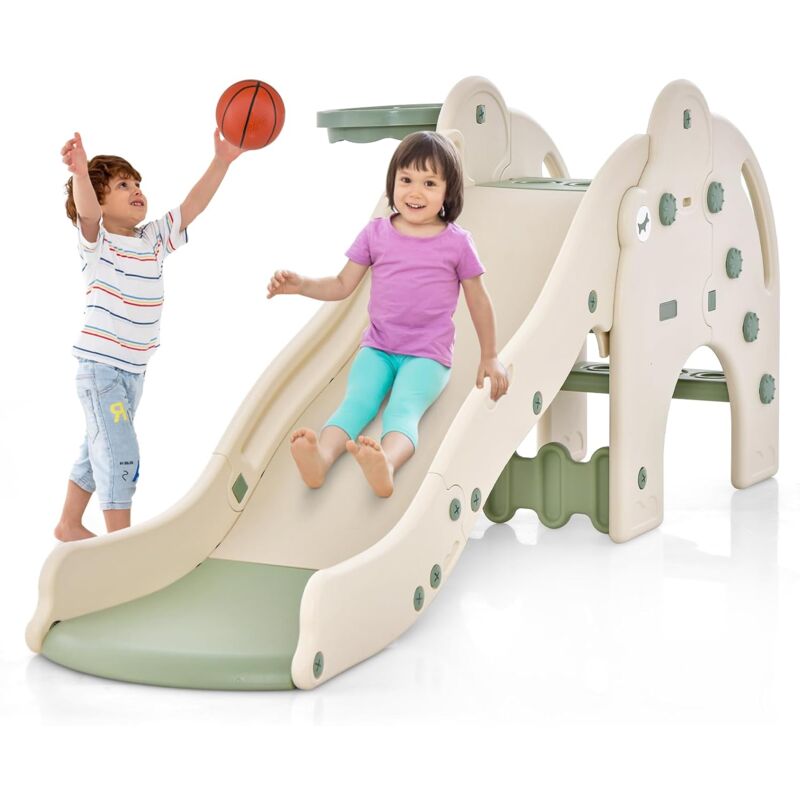 COSTWAY Rutsche Outdoor, 4 in 1 Kinder Rutsche & Tunnel & Basketballkorb & Leiter, Elefant Kinderrutsche In- und Outdoor, für Kinder ab 18 Monaten