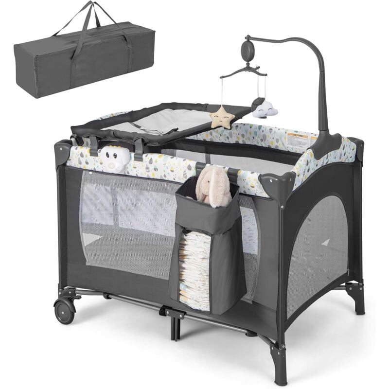 COSTWAY 4 IN 1 Beistellbett klappbar, Reisebett mit Matratze, Hängespielzeug, Spieluhr, Wickeltisch & Tragetasche, 2 Ebene Babybett mit Rollen für