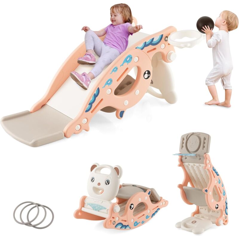 Costway - 4 in 1 Kinder Rutsche, Rutsche + Schaukelpferd + Basketballkorb + Ringspiel für Kinder ab 3 Jahren, Kinder Spielplatz, freistehende