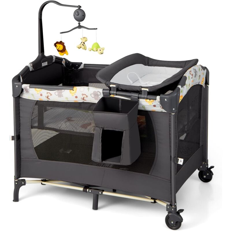 Costway - 4 in 1 klappbares Reisebett & Beistellbett & Wickeltisch & Laufstall rollbar, 2 Ebenen Babybett inkl. Spielbogen, Matratze, Wickelauflage,