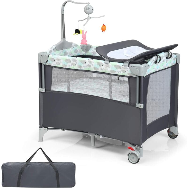 Costway - 4 in 1 klappbares Reisebett & Beistellbett & Wickeltisch & Laufstall rollbar, 2 Ebenen Babybett inkl. Spielbogen mit Spieluhr, Matratze,