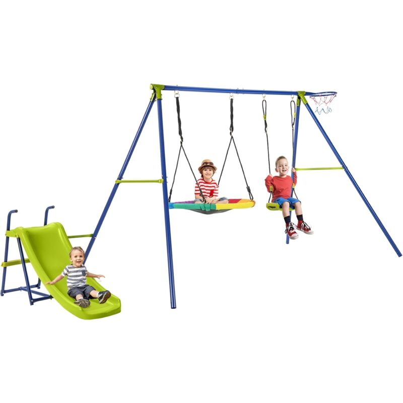 Costway - 4-in-1-Schaukelset, Schaukelgestell mit Schaukel, Rutsche & Basketballkorb, Schaukelgerüst mit Doppelschaukel, Gartenschaukel mit