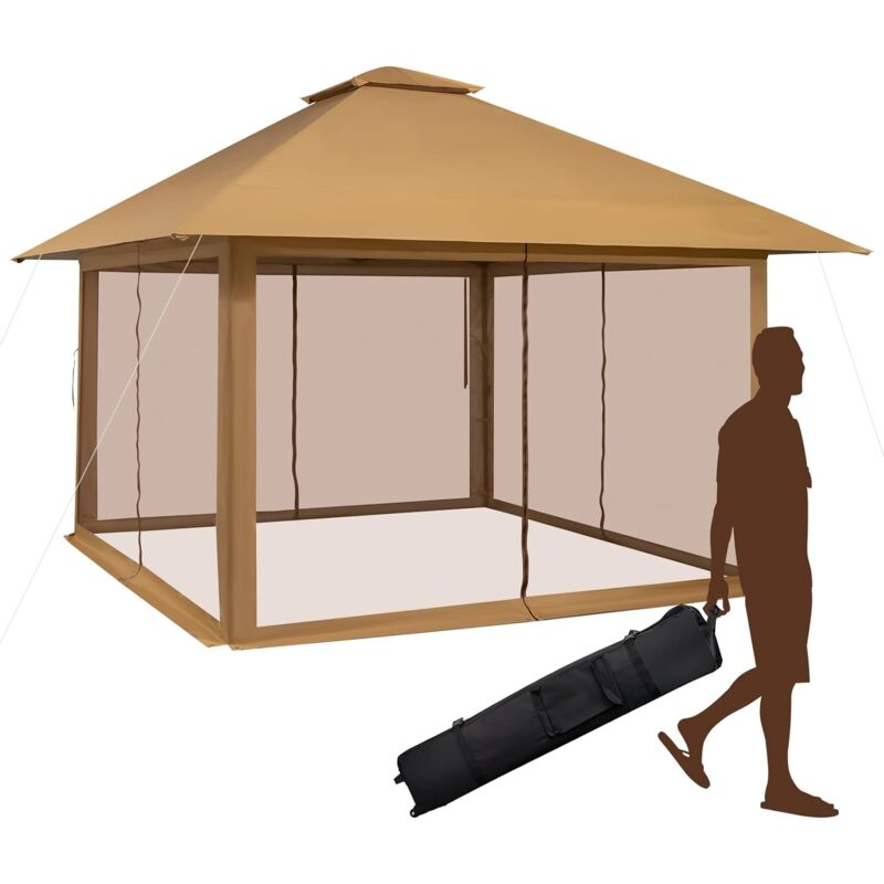COSTWAY 4x4m Pavillon, Gartenpavillon mit Netzseitenwänden, UV-Schutz 50+, Pop-Up Faltpavillon höhenverstellbar, inkl. Tragetasche mit Rollen, für