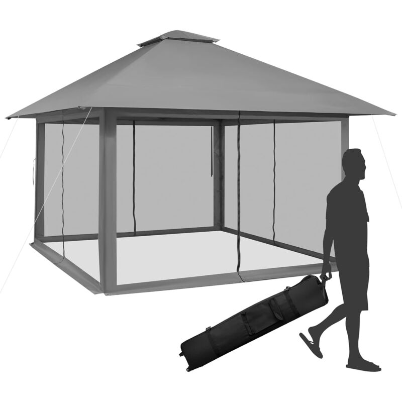 4x4m Pavillon, Gartenpavillon mit Netzseitenwänden, UV-Schutz 50+, Pop-Up Faltpavillon höhenverstellbar, inkl. Tragetasche mit Rollen, für Garten,