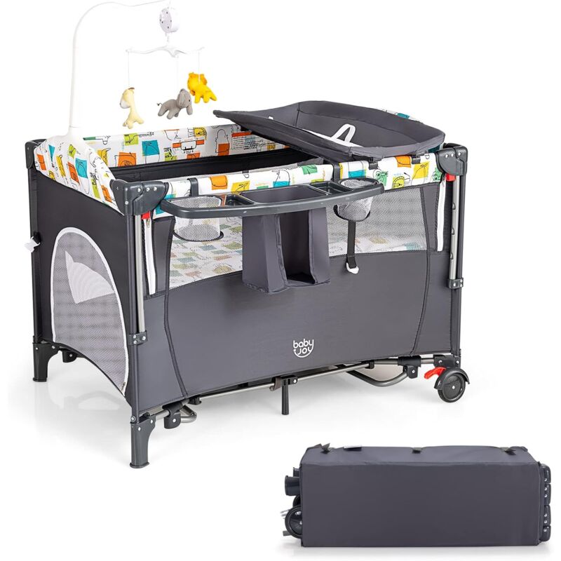 Costway - 5-in-1-Babybett mit Wickeltisch, 2 Ebene Babyreisebett mit 3 Spielzeug & Musikbox & Aufbewahrungstasche, 4-stufig verstellbares