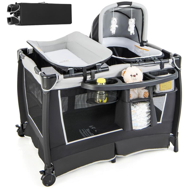 Costway - 6 in 1 Reisebett mit Matratze, mobile Babywiege mit verstellbarem Vordach, Babybett Beistellbett klappbar mit Wickelauflage, Spieluhr &