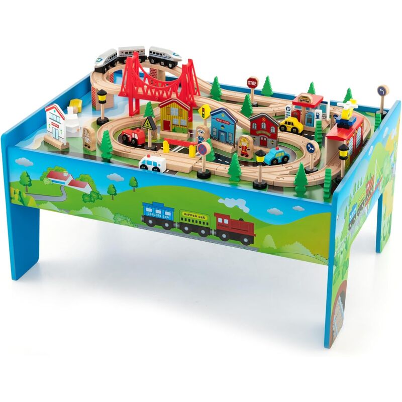 Costway - 80-teiliges Kinder Eisenbahn Set, Spieltisch aus Holz mit umkehrbarer & abnembarer Tischplatte, Holzeisenbahn Zug Spielzeug für Kinder ab 3