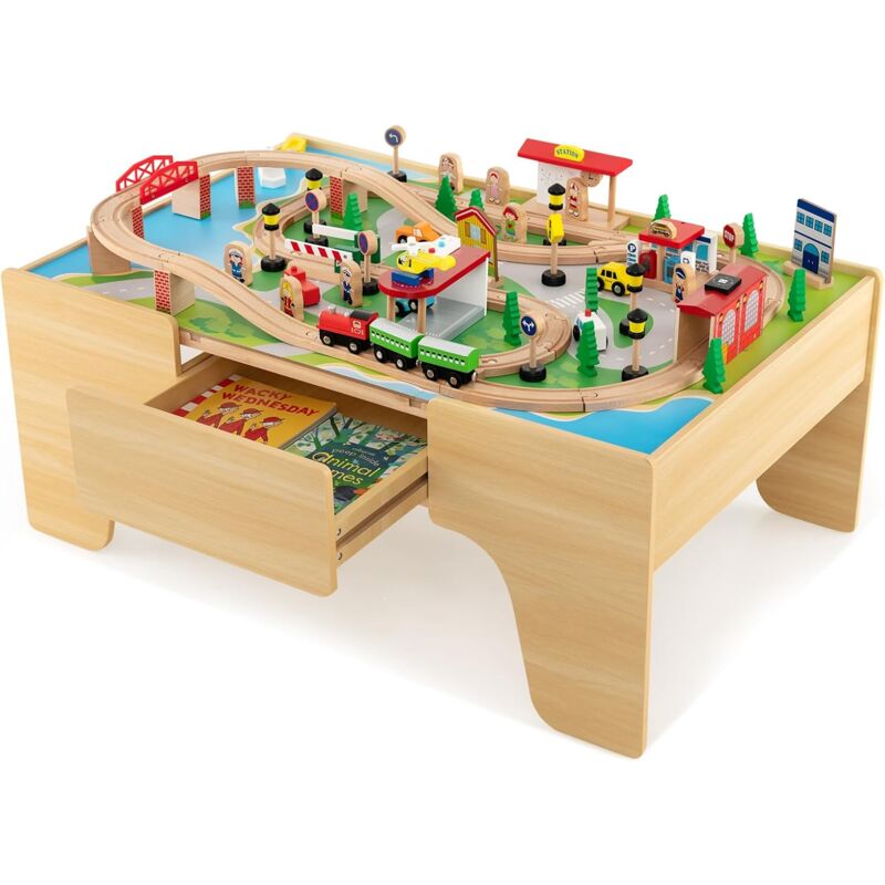 Costway - 84-teiliges Kinder Eisenbahn Set, Spieltisch aus Holz mit umkehrbarer & abnembarer Tischplatte und Schublade, Holzeisenbahn Zug Spielzeug