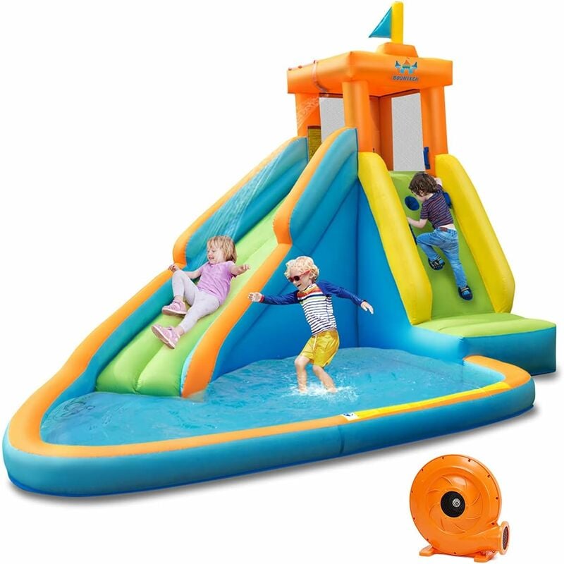 COSTWAY Aufblasbare Hüpfburg mit 740W Geblaese, Wasserrutsche Park mit RutscheKletterwand Planschbecken, Kinder-Wasserparkmit Wassersprühvorrichtung,