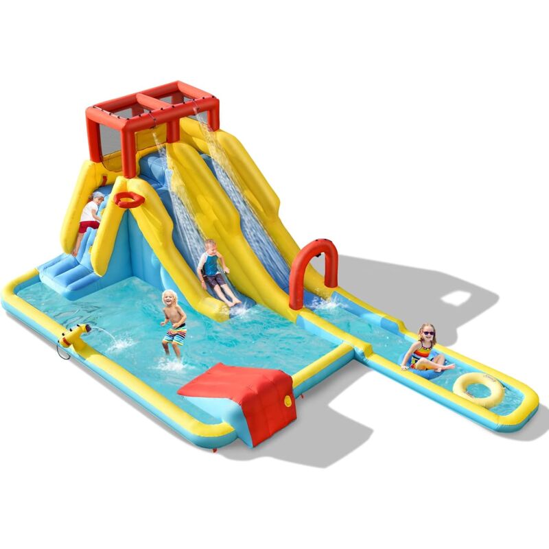 Aufblasbare Hüpfburg mit Langen Doppelrutschen Kletterwand und Wasserkanone, Spielpool Wasserspielcenter Rutsche, Wasserpark Planschbecken 622 x 335