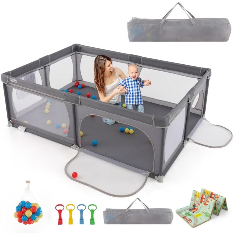 Costway - 205 x 147cm Baby Laufstall mit 50 Bällen & 2 Türen, Laufgitter mit atmungsaktivem Netz und Reißverschluss, Laufgitterzelt für Säuglinge und