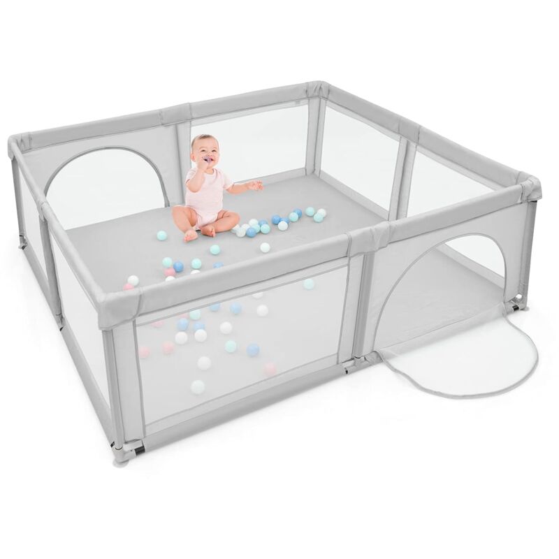 COSTWAY Baby Laufstall mit 50 Spielbaellen, Laufgitter mit atmungsaktivem Netz & Reissverschluss, Krabbelgitter mit 2 Türen, 206 x 185,5 x 68cm,