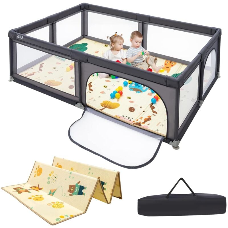 Costway - Baby Laufstall mit Matratze, 50 Baellen & 2 Türen, Laufgitter mit atmungsaktivem Netz und Reissverschluss, Krabbelgitter, Laufgitterzelt