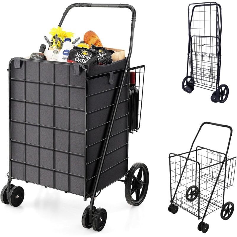 COSTWAY Einkaufstrolley Klappbar, Einkaufswagen auf Rollen mit Abnehmbarer Oxford-Tasche, Handwagen 40kg belastbar, Rollwagen Allzweckwagen für