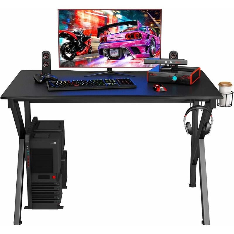 Costway - Gaming Tisch 115 cm, K-foermiger Gamingtisch mit Kopfhoererhaken & Tassenhalter & Kabelmanagement, ergonomischer Computertisch mit