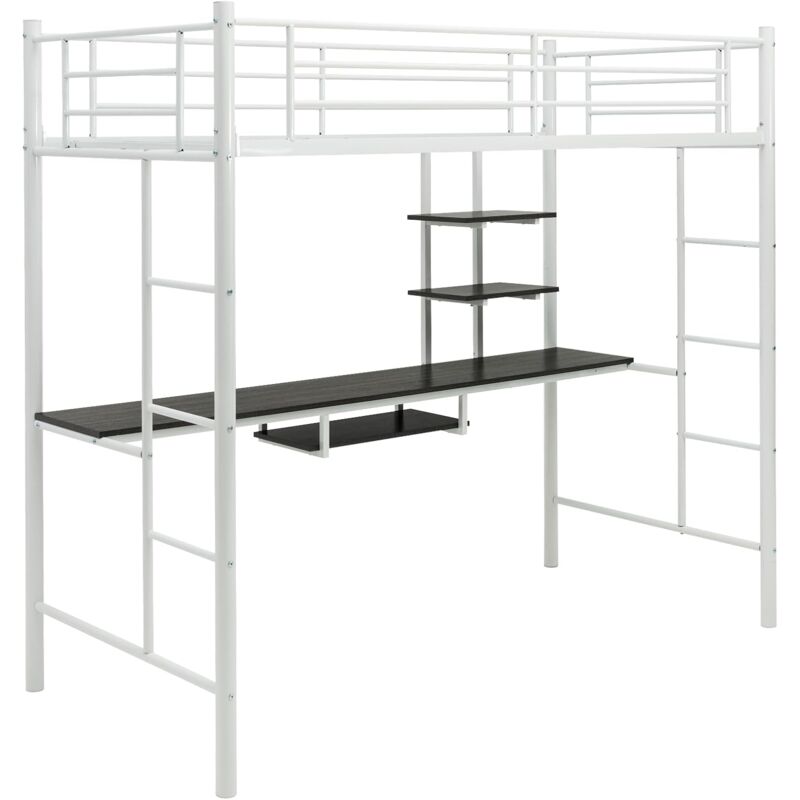 COSTWAY Hochbett mit Schreibtisch, Etagenbett mit 2 Leitern, Stockbett aus Metall, Bettrahmen für Teenager und Erwachsene (Weiß)