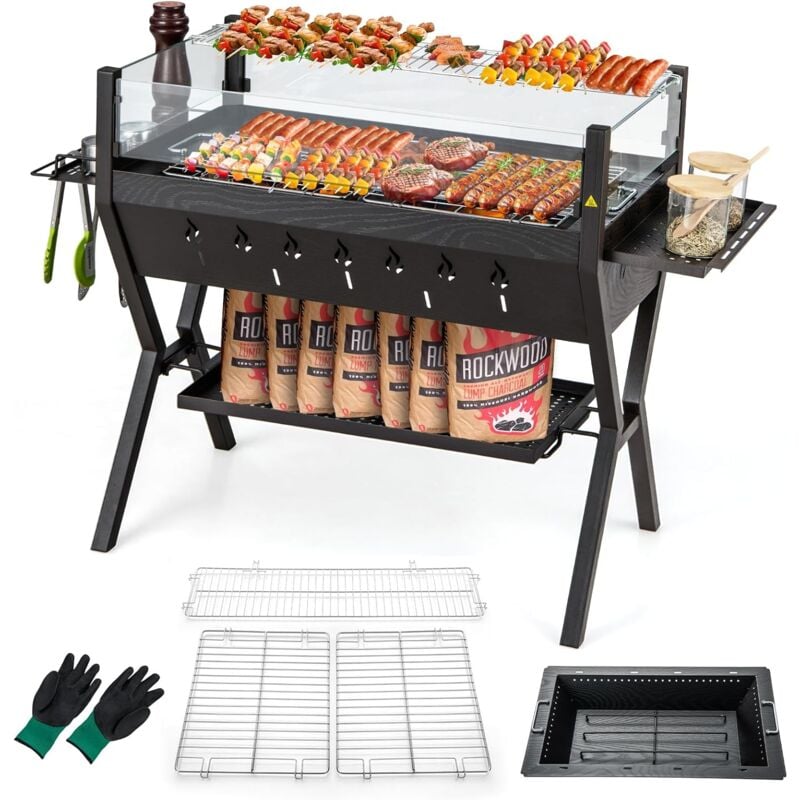 Costway - Holzkohlegrill mit Windschutz, Würzregalen & Ablage, Campinggrill, Grillfläche aus Edelstahl, BBQ-Grill mit Handschuhen zum Kochen,