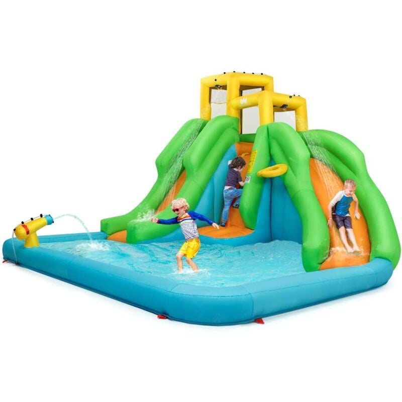 Hüpfburg, Wasserpark mit Zwei Rutschen, Kletterwand, Basketballkorb, Planschbecken und Wasserkanone, inkl. Tragetasche, Reparaturset, Heringe, 400 x