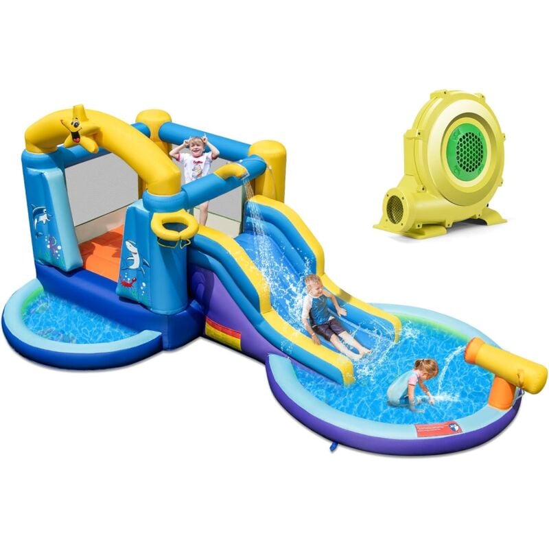 Hüpfburg mit Gebläse und Rutsche, Wasserpark mit 2 Pools, Wasserkanone, Basketballkorb, Kinder Hüpfburg für Hof, Park, 490 x 290 x 220 cm - Costway