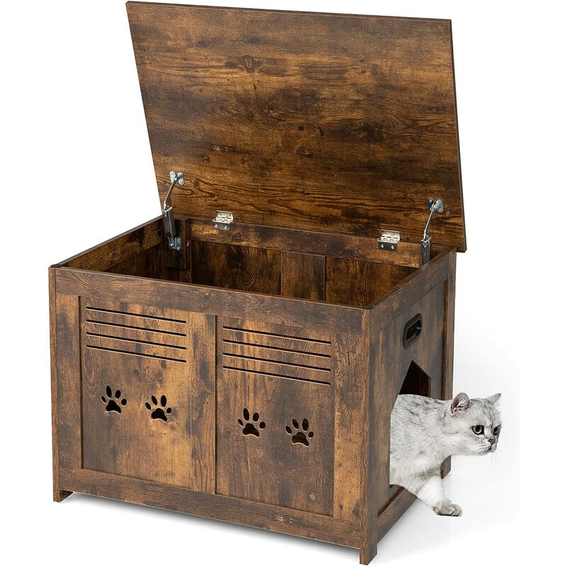 Katzenhaus Katzenklo Schrank, Katzenhoehle mit Eingang & Klappdeckel, Haustierbox Vintage für Katzen, Katzentoilette & Beistelltisch & Katzenschrank,