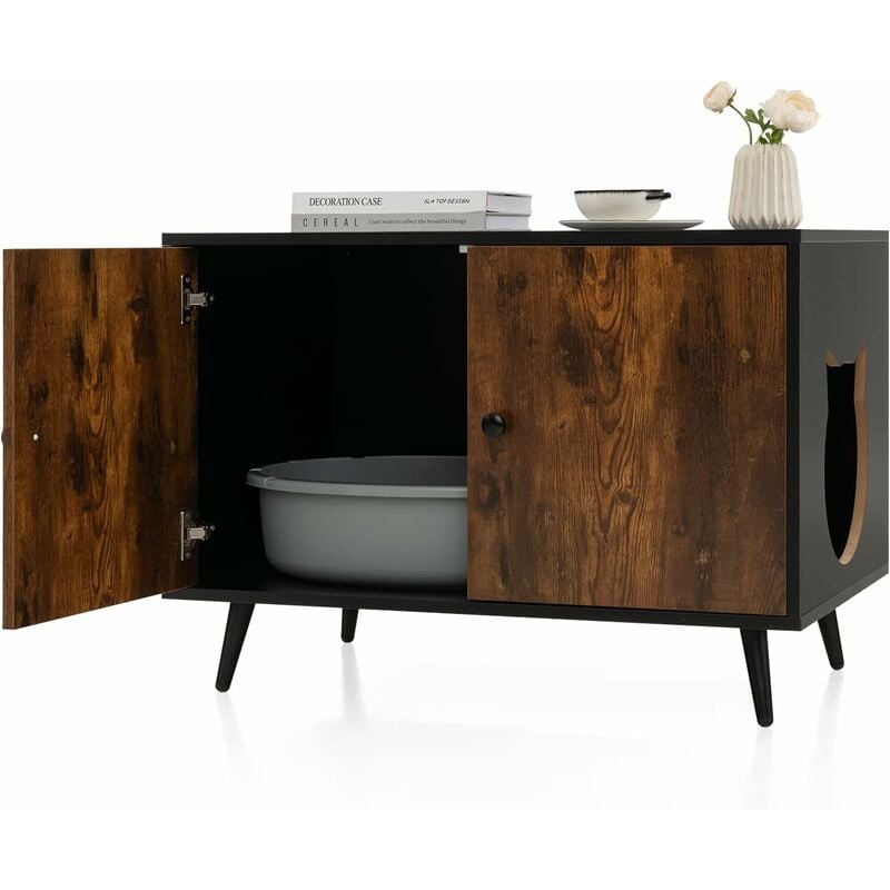 Costway - Katzenschrank Katzentoilette, Katzenhaus mit Doppeltüren & Eingang, Katzenhöhle Katzenklo Schrank, Katzenmöbel Beistelltisch, für Katzen