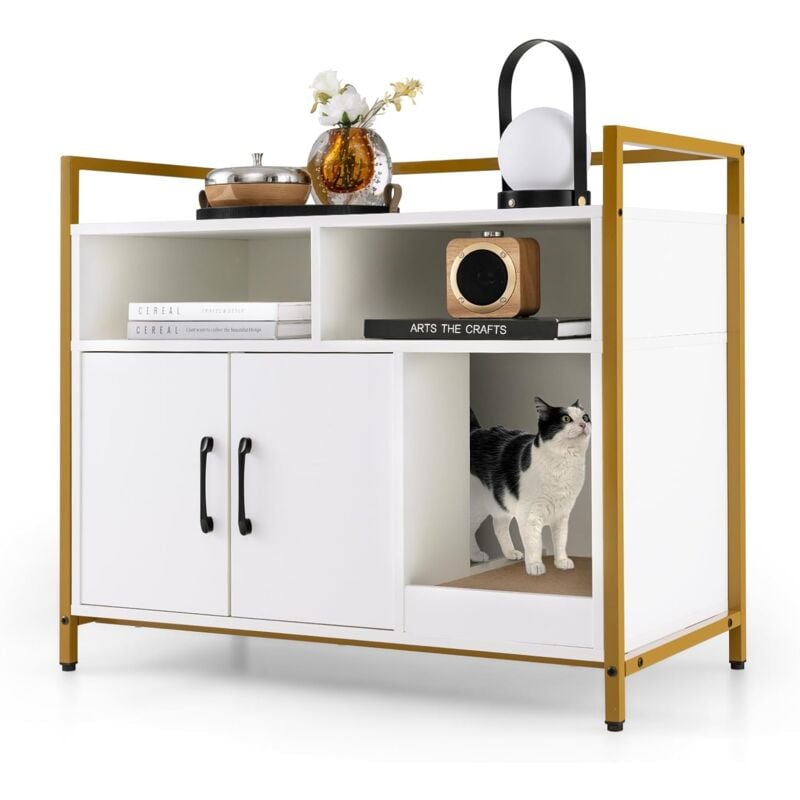 Costway - Katzenschrank Katzentoilette mit Doppeltüren & Kratzunterlage, Katzenhaus mit offenem Regal & 2 Fächern, Katzenhöhle Katzenklo Schrank, für