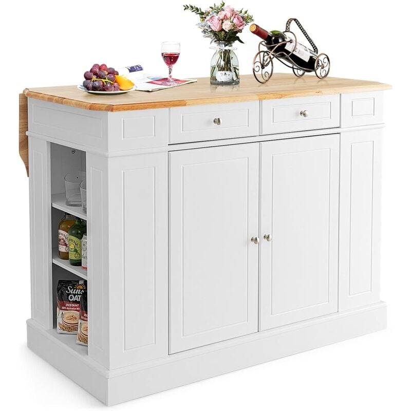 Kücheninsel aus Gummiholz, Küchenschrank klappbar mit ausziehbarer Arbeitsplatte, Küchenschrank mit Schubladen, Seitenregalen, 2-türigem Schrank,