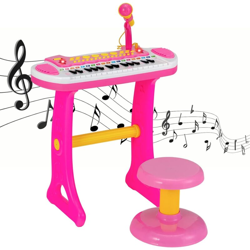 COSTWAY Kinder-Keyboard mit 31 Tasten, tragbares Musikinstrument mit Mehreren Sounds & Lichteffekten, verstellbarem Mikrofon & Hocker, niedliches