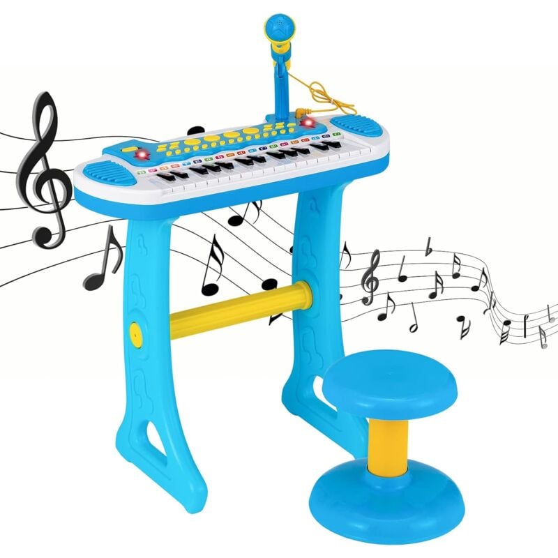 Costway - Kinder-Keyboard mit 31 Tasten, tragbares Musikinstrument mit Mehreren Sounds & Lichteffekten, verstellbarem Mikrofon & Hocker, niedliches