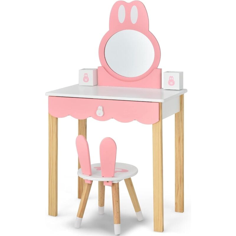 Costway - Kinder Schminktisch mit Hocker, Prinzessin Schminkkommode Frisiertisch mit Spiegel Schubladen & Aufbewahrungsbox, Make up Schminktisch