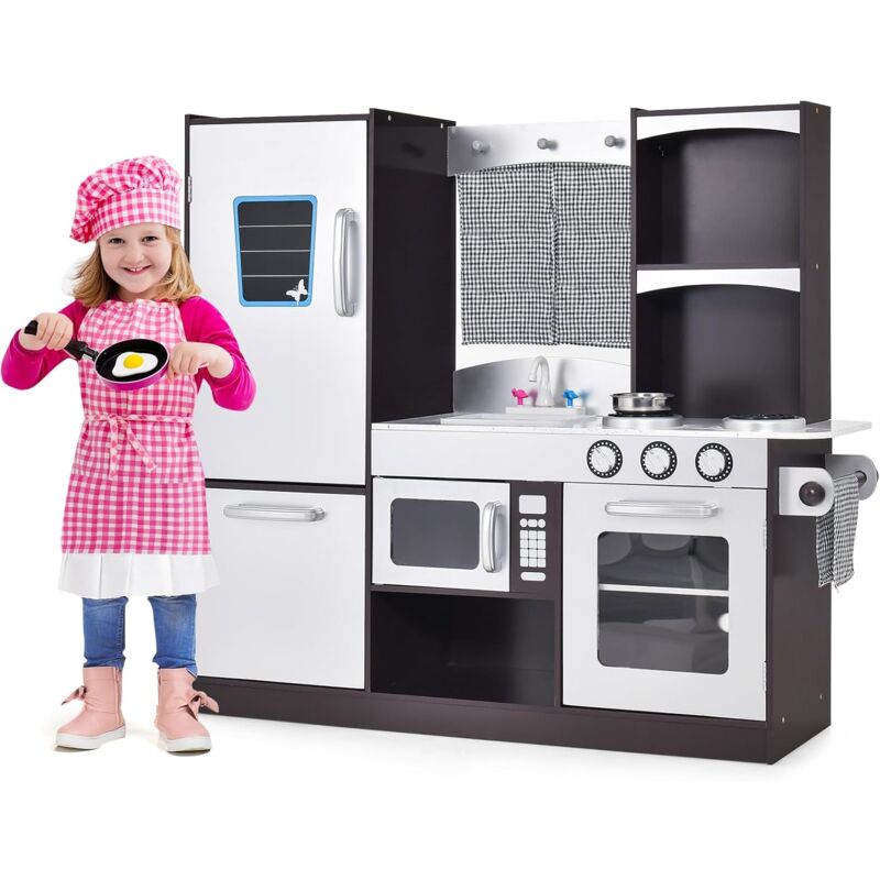 Kinderküche mit Kühlschrank, Kinder Spielküche Holz, inkl. Spielzubehör, für Kinder ab 3 Jahre, braun, 97 x 30 x 95cm - Costway