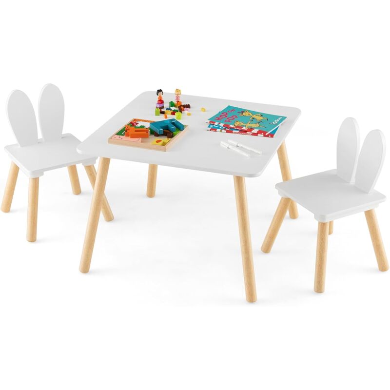 Costway - Kindertisch mit 2 Stühlen, 3TLG. Kindersitzgruppe mit Massivholzbeine & Hasenohren Rückenlehne, quadratischer Spieltisch, Kindermöbel