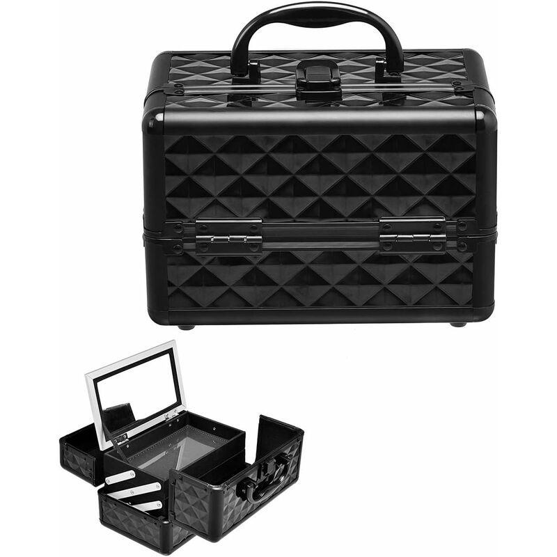 Beauty Case Schminkkoffer Kosmetikkoffer, Schmuckkoffer 23 x 15 x 18cm, Friseurkoffer mit Spiegel, Multikoffer Damen Schwarz - Costway