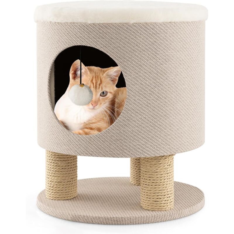 Costway - Kratzbaum klein, Katzenhöhle und Hocker, Katzenbaum mit weicher Sitzfläche & 3 Sisal-Kratzsäulen & Ball, Katzenhaus Kletterbaum,