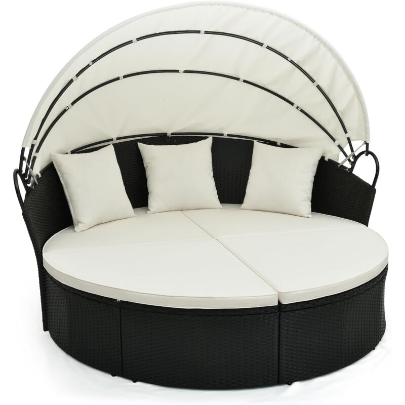 Rattan Sonneninsel mit einziehbarem Baldachin, 2-3 Personen Sonnenliege rund, Gartenliege inkl. Sitzkissen & Rückenkissen, Gartenlounge
