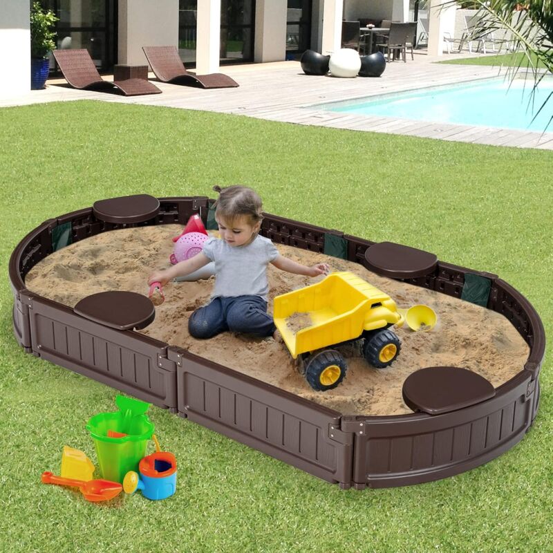 Costway - Sandbox Sandkasten mit wasserdichter Abdeckung und Bodenauskleidung, Outdoor Sandkiste Platz für 4 Kinder 183x105x21cm