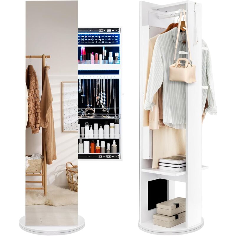 Costway - Schmuckschrank mit Spiegel, freistehender Spiegelschrank 360°drehbar mit LED-Leuchten, Schmuck-Organizer Schmuckaufbewahrung für Schmuck &