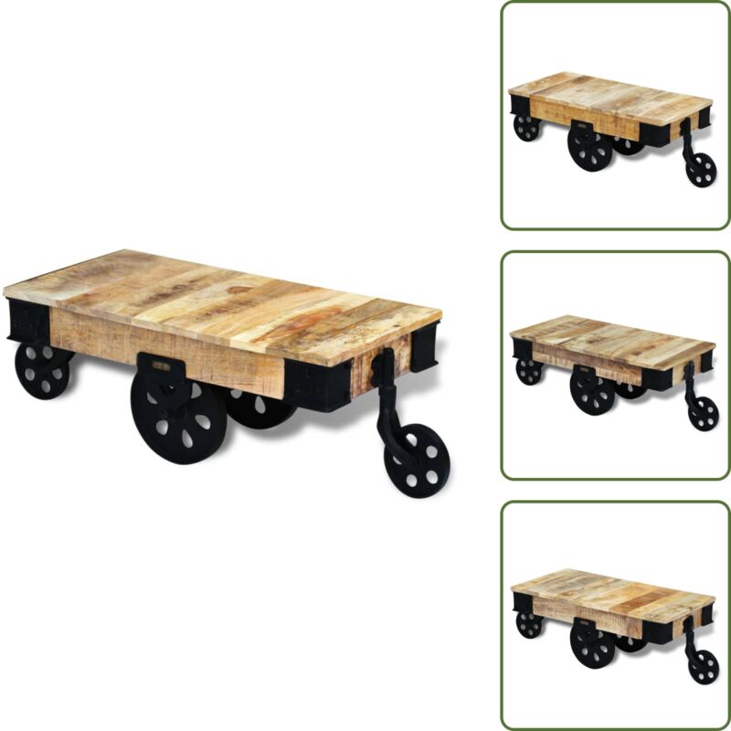 Couchtisch mit Rollen Raues Mangoholz - Couchtisch - Industriel Stil - Vintage - Wohnzimmerstil - Mangoholz