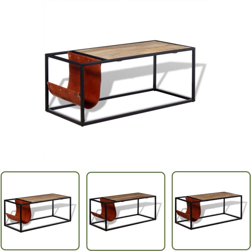 The Living Store Couchtisch mit Zeitschriftenhalter aus Echtleder 110x50x45 cm - Industriel Stil - Couchtisch - Holztisch - Mangoholz - Tisch Mit