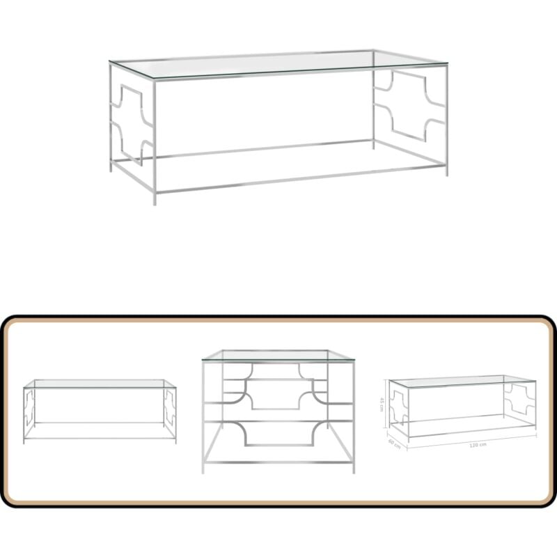 Couchtisch Silbern 120x60x45 cm Edelstahl und Glas - Esszimmertisch - Couchtisch - Glastisch - Edelstahltisch - Moderner Couchtisch