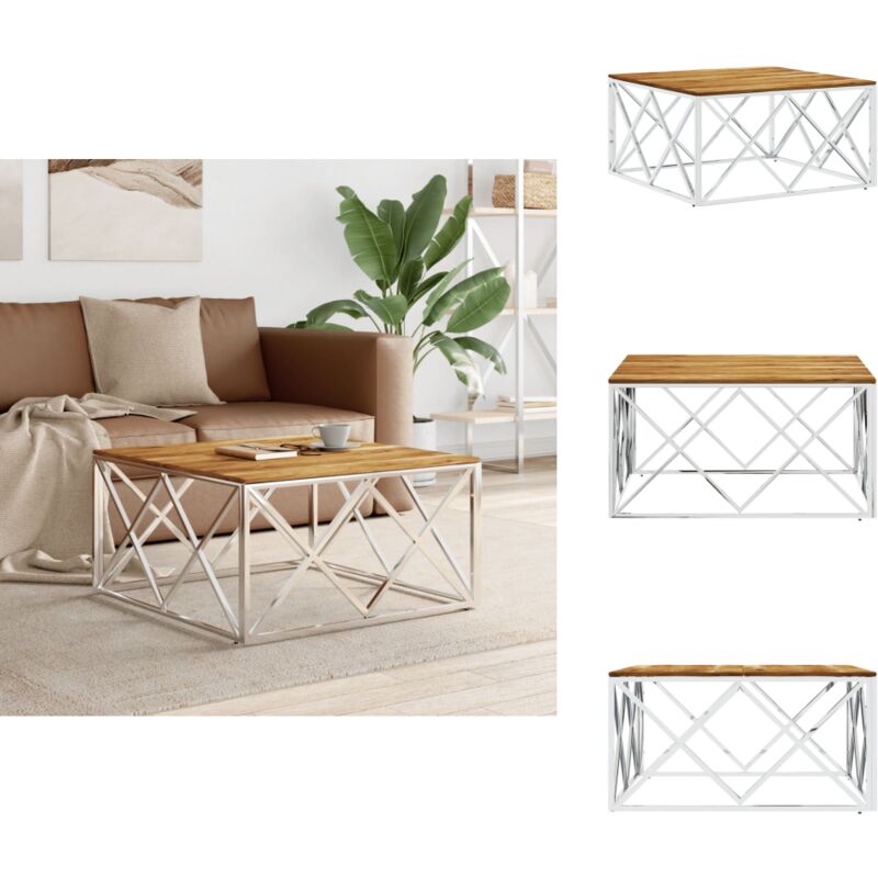 Couchtisch Silbern Edelstahl und Massivholz Akazie - Esszimmertisch - Couchtisch - Wohnzimmertisch - Holztisch - Metalltisch