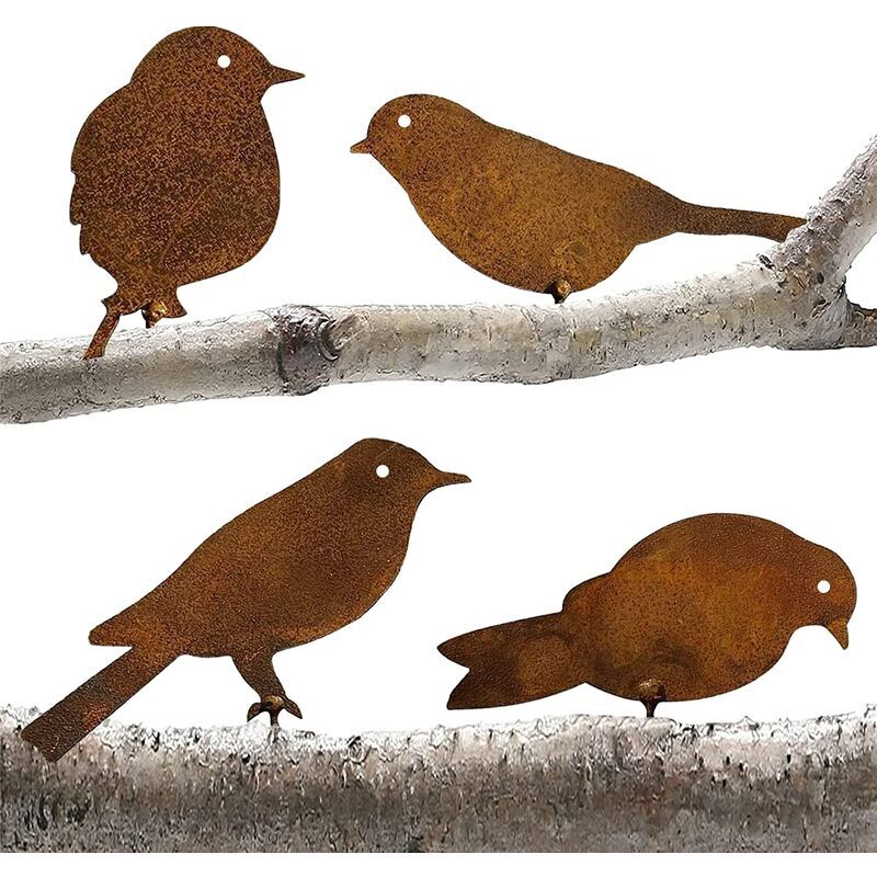 Ymyny - Crediri Dekorative Rost-Gartenkappe, 4 Metallvögel mit Schrauben, Vogelsilhouette Gartendeko, Metall-Gartendeko mit Rosteffekt-Patina,