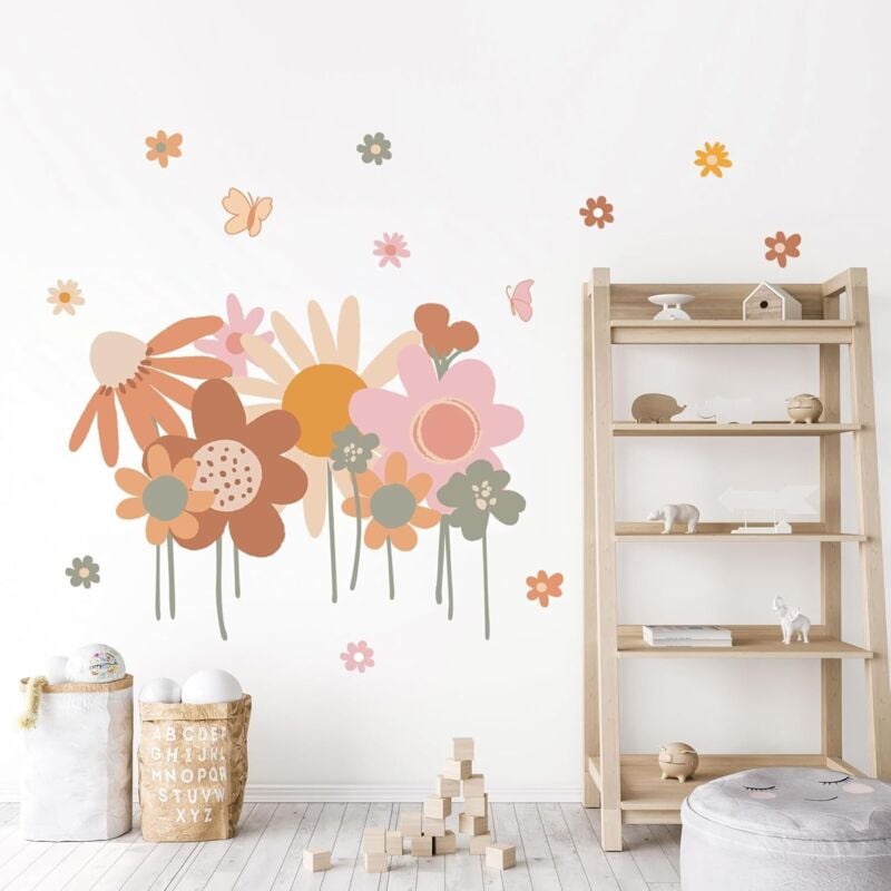 Csparkv - 1 Set bunte Blumen-Wandaufkleber, Retro-Blumen-Wandaufkleber, Boho-Wandaufkleber, große Gartenblumen für Wohnzimmer, Schlafzimmer,